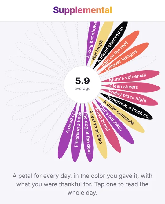 The monthly review: a flower with a petal for each day, labeled with what you were thankful for.